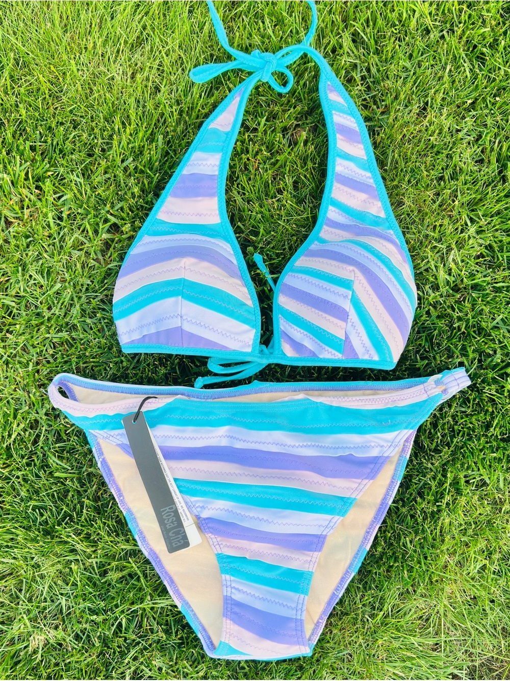 Striped Triangle Bikini Set in Turquoise & Lavender - Unbranded